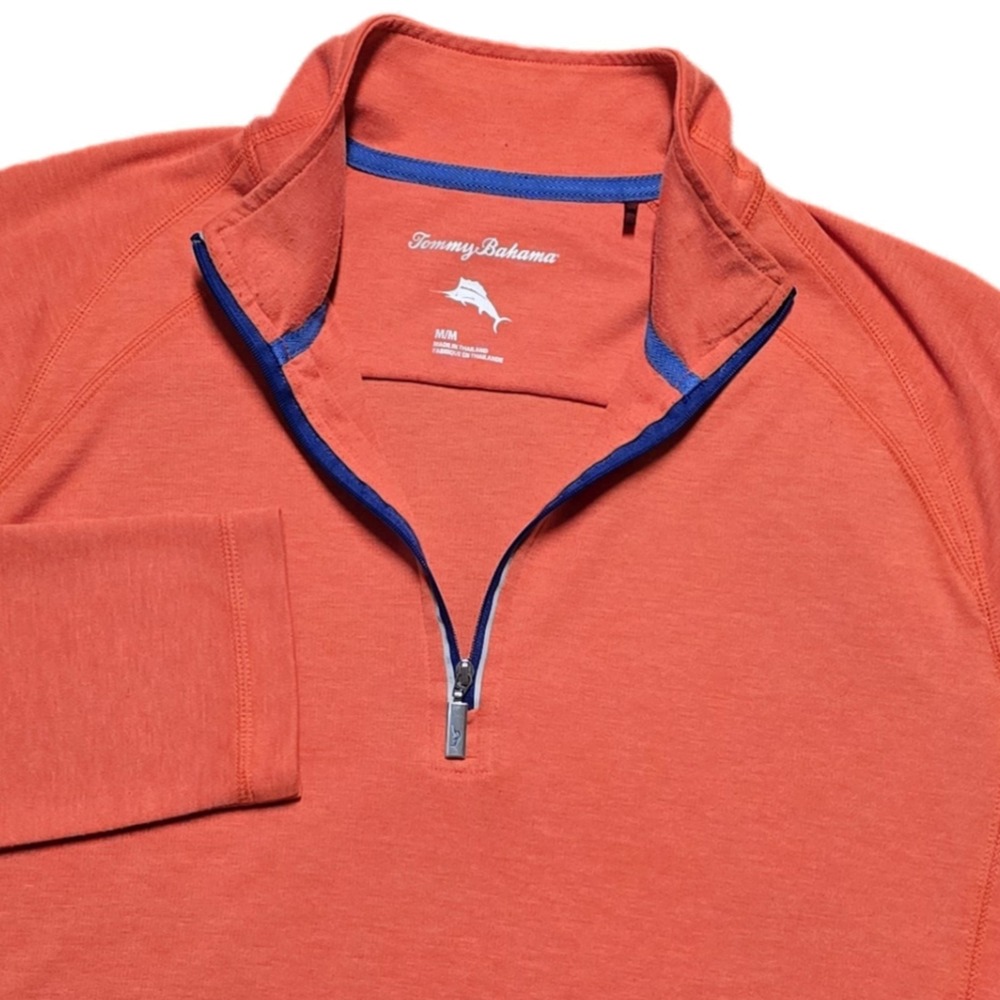 Tommy Bahama Mens M Firewall Performance Half-Zip Pullover Rayon Coral Orange‎